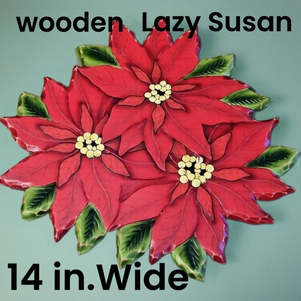 Vintage Woodeen Red Poinsettia Lazy Susan Serving Tray 14in Wide